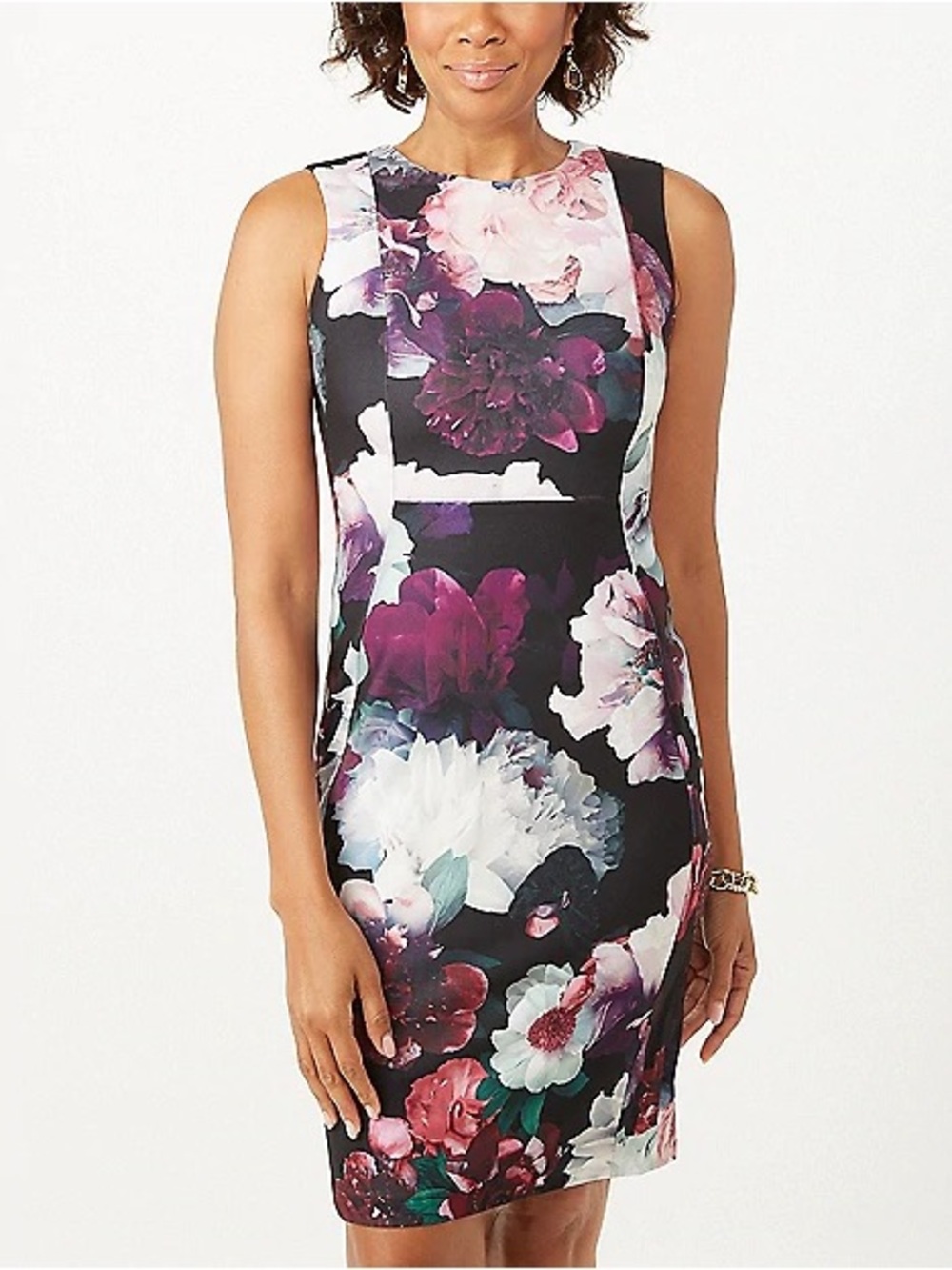Calvin Klein Black Floral Sheath Dress with Plum and Pink Blooms